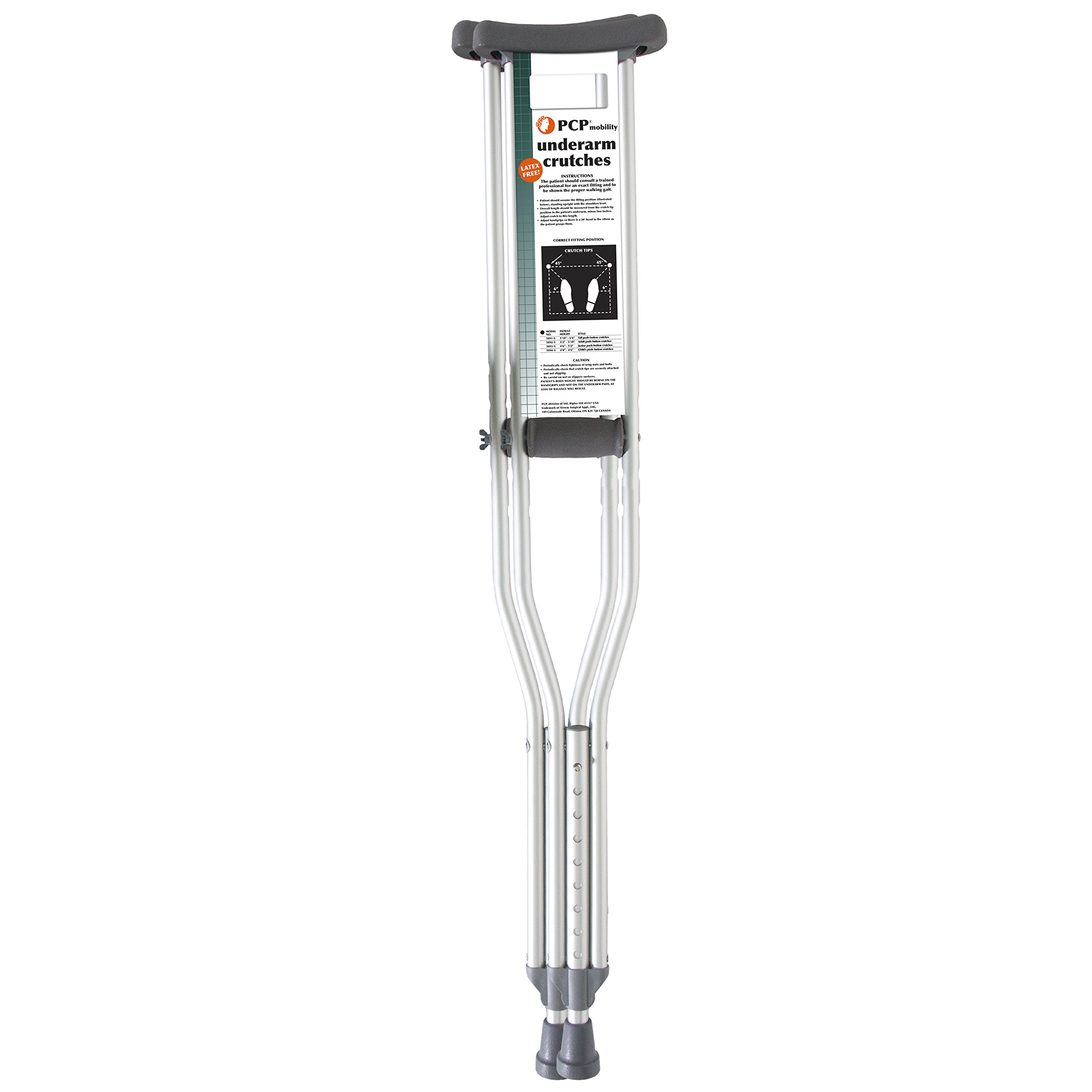 PCP Aluminum Crutches, Push Button Adjustable Height, Lightweight, 1 Pair, Adult Regular Size (5'2