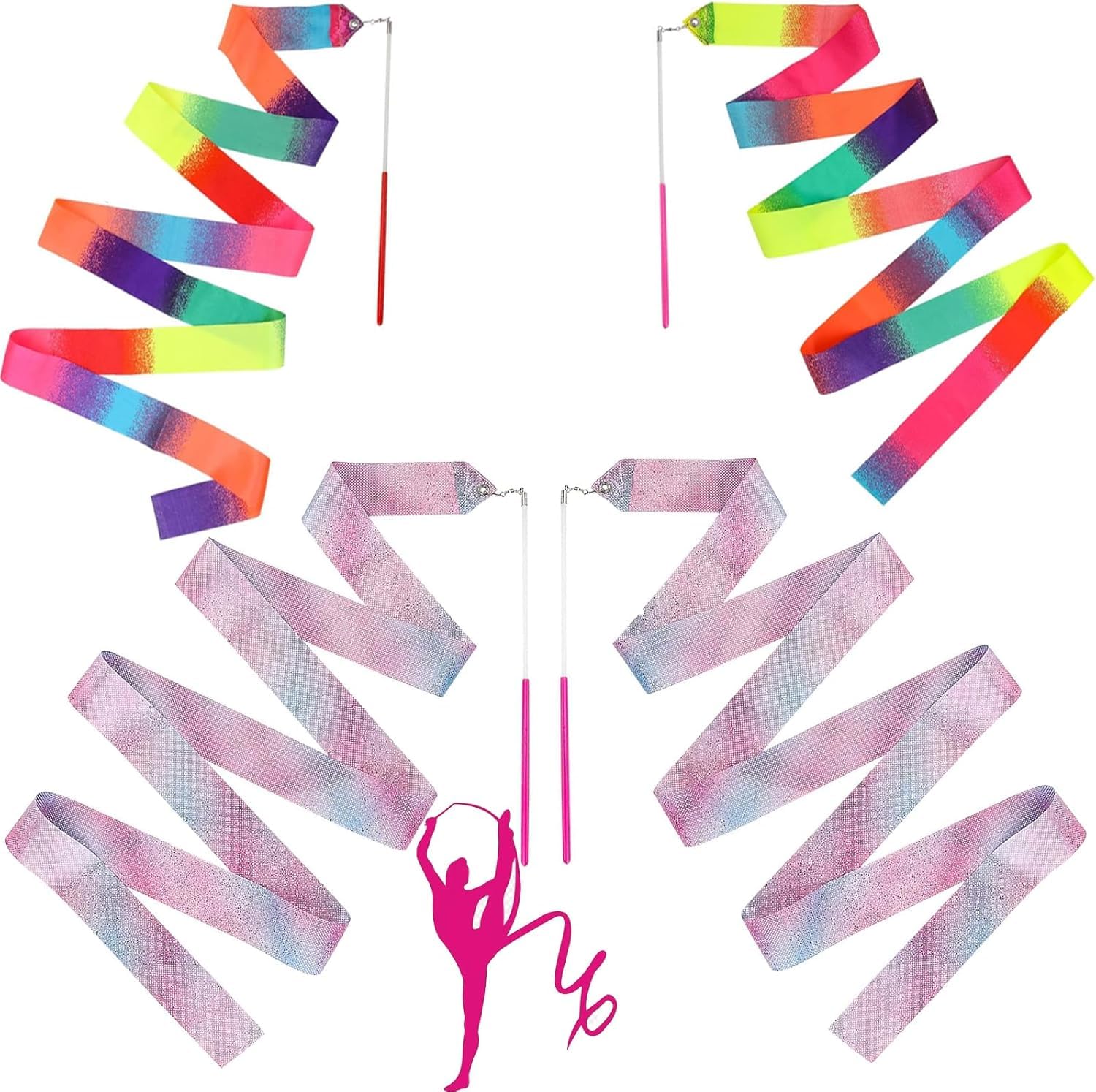 DALAETUS 4 Pcs Dance Ribbons, 78.7 Inch Rhythmic Gymnastics Ribbons with Wand, Twirling Baton, Colorful Dancing Ribbon Streamers for Kids Adults, Artistic Dancing, Circus Carnival Shows Gift