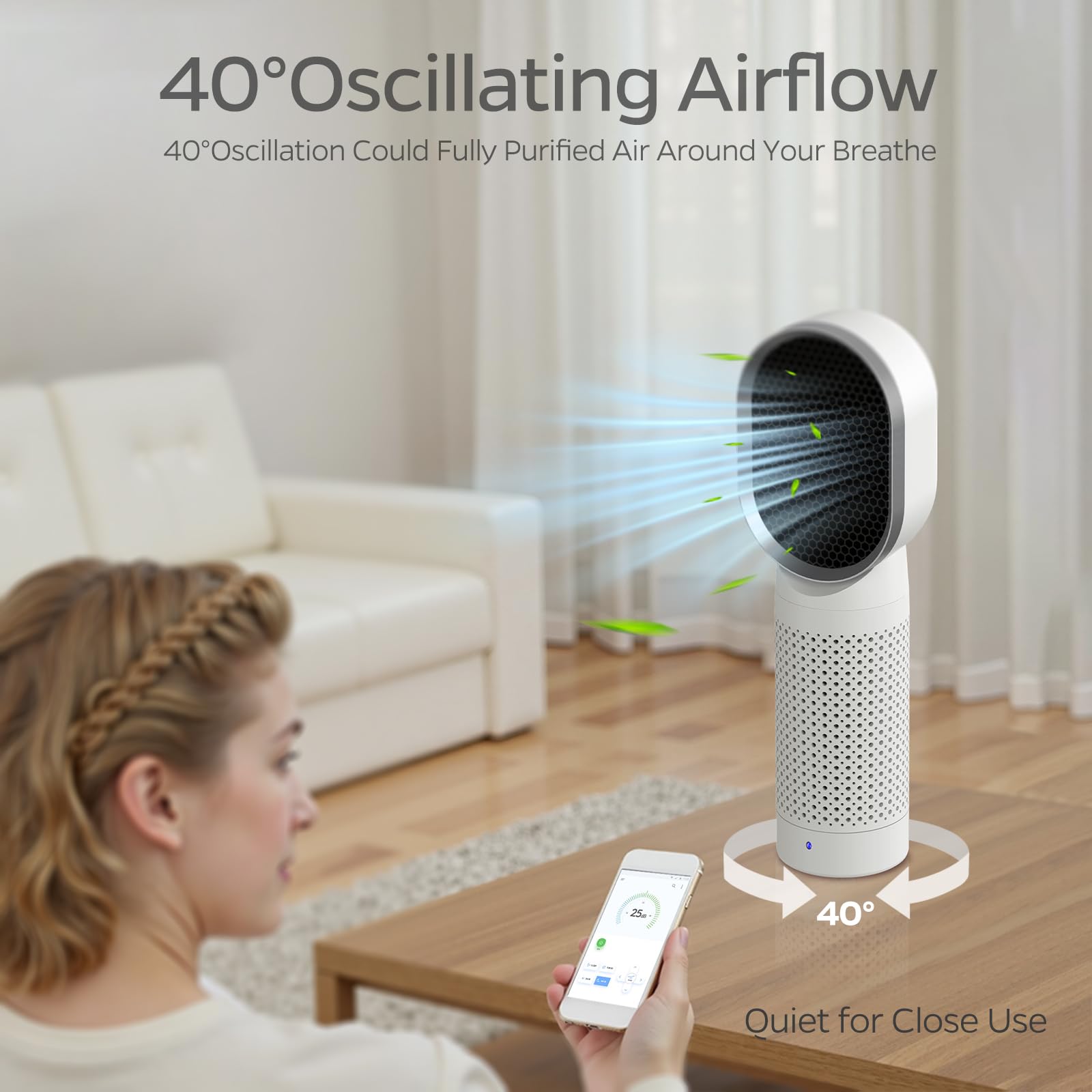 QUEENTY Small Air Purifier, Air Purifiers for Bedroom With H13 HEPA Filter,Ionizer,Face to Face Outlet and Oscillating Air Blowing to Help You Breathing Fresh Air and Negative Ion in Office, for Home