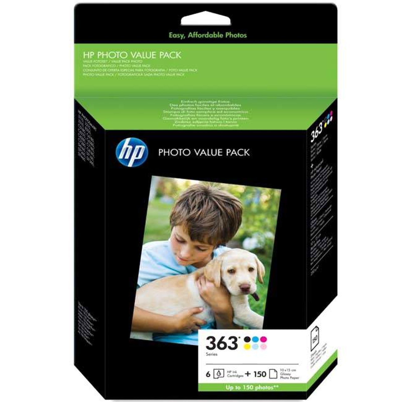 HP 363 Series Photo Value Pack, 150 Sheets/10 x 15 cm, Black/Cyan/Magenta/Yellow/Light Cyan/ Light Magenta, Multipack