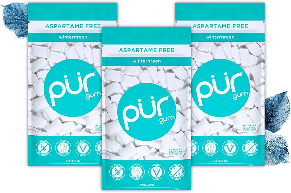 PUR Gum Sugar Free Wintergreen Xylitol 55 Pcs Pack of 3 Vegan Gluten Free