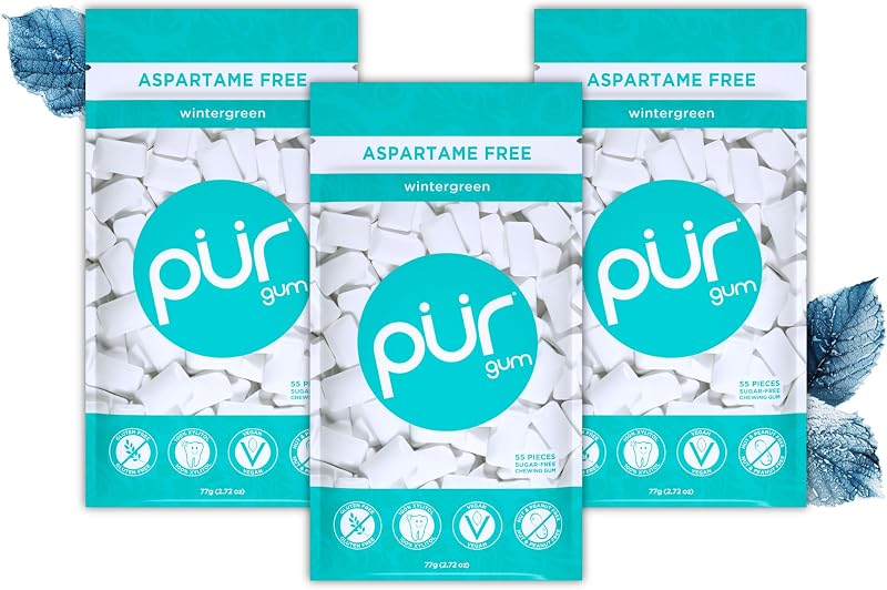 PUR Gum Sugar Free Wintergreen Xylitol 55 Pcs Pack of 3 Vegan Gluten Free