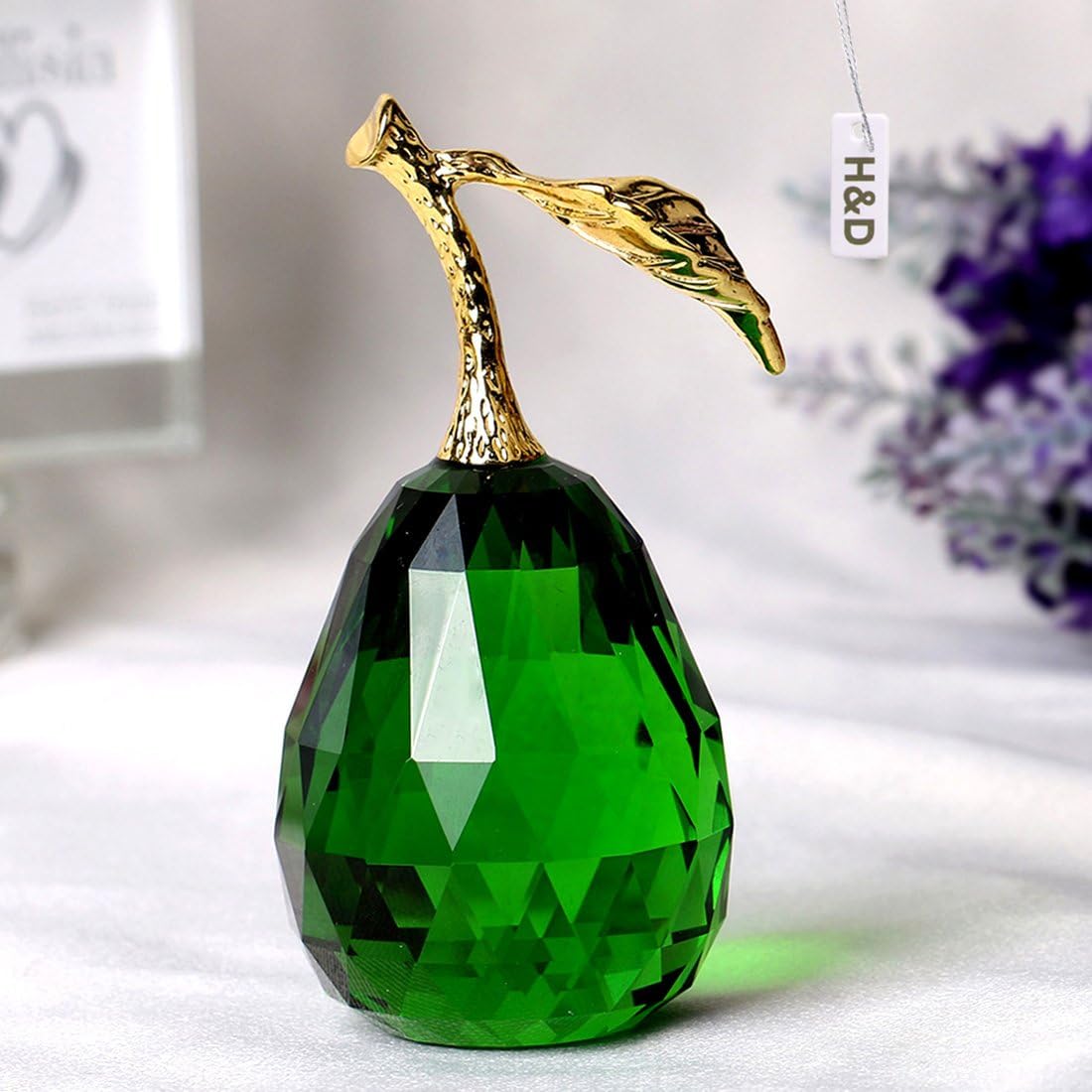 H&D Crystal Glass Pear Paperweight Fengshui Craft Decoration Ornaments with Gift Box (Green)