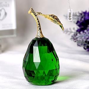 H&D Crystal Glass Pear Paperweight Fengshui Craft Decoration Ornaments with Gift Box (Green)