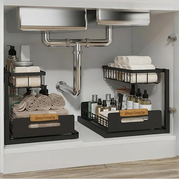 SHOPSMATLY UNDER SINK ORGANIZER 2-PACK, METAL UNDER SINK ORGANIZER FOR KITCHEN & BATHROOM, MULTI-USE UNDER SINK STORAGE RACK FOR CLEANING SUPPLIES AND BATHROOM ESSENTIALS (BLACK)