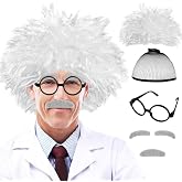 Rrshnsgv 6 PCS Old Man Mad Scientist Wig Set,Crazy Old Man Physicist Wig Costume,Dressing up Grandpa Costume for Kids 100th D