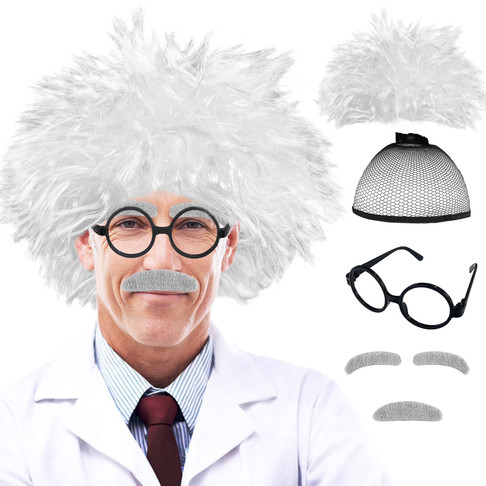 Photo 1 of Rrshnsgv 6 PCS Old Man Mad Scientist Wig Set,Crazy Old Man Physicist Wig Costume,Dressing up Grandpa Costume for Kids 100th Day of School,Cosplay Party Wig,Eyebrows,Mustache,Glasses Set
