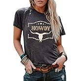 Retro Western Cowboy Shirt Women Country Music Cute Cattle Skull Graphic Concert Outfit Tops