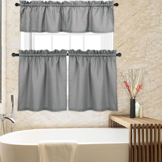 CAROMIO Grey Kitchen Curtains, 3 Pc. Waffle Woven Texutred