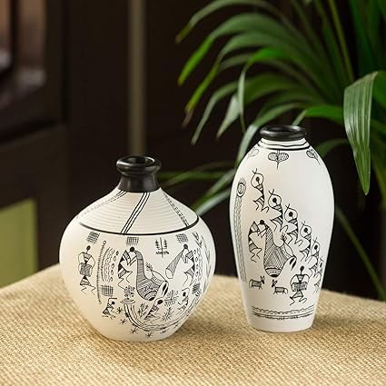ExclusiveLane Warli Handpainted Living Room Artifact Showpiece & Home Decorative Flower Terracotta Vases (Set of 2, White)