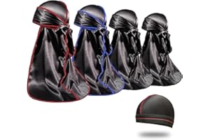 FORCEWAVE 4PCS Silky Durags for Men Women 360 Waves with 1 Wave Cap, Silky Satin Durag Extra Long Tails