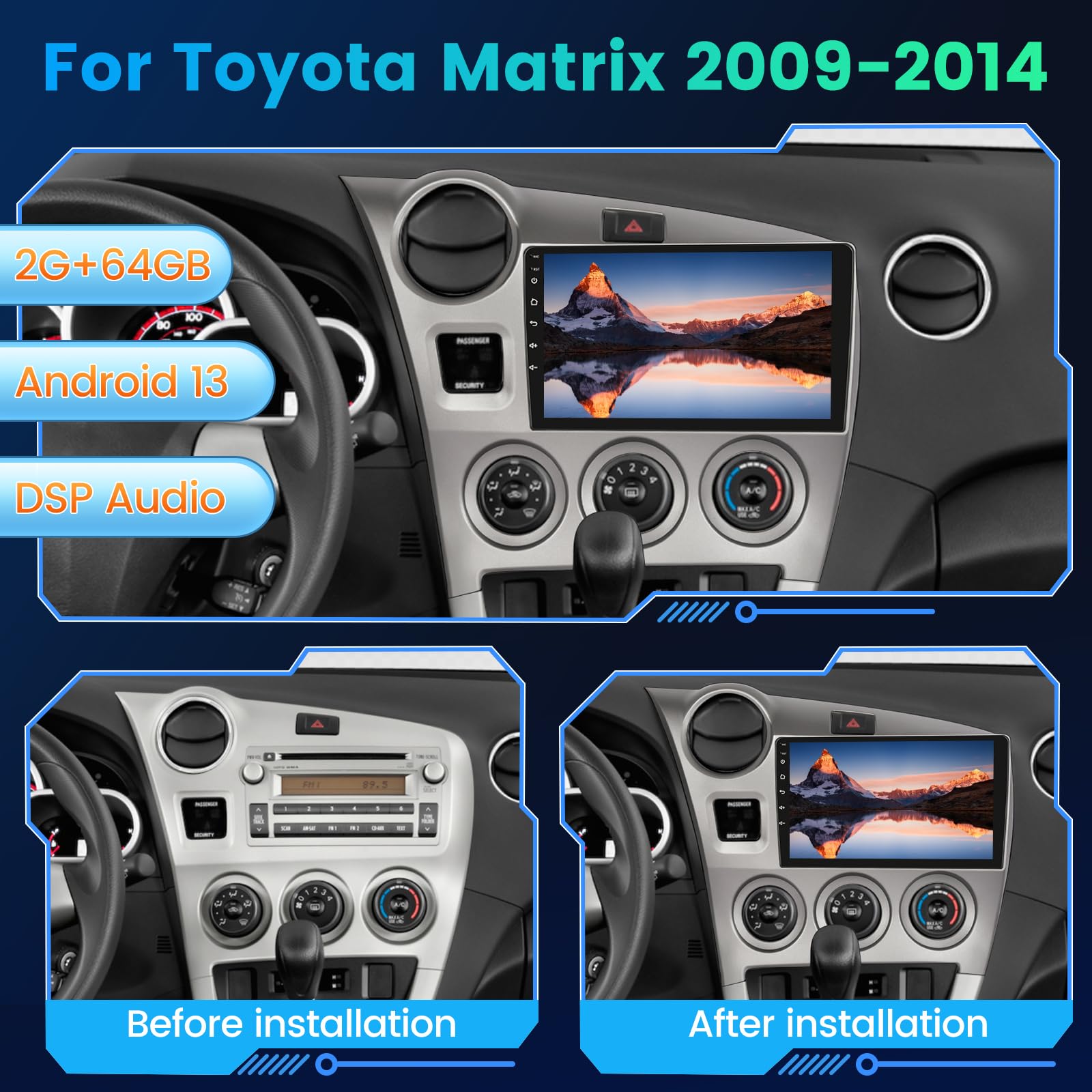 [2+64G] Android Car Stereo for Toyota Matrix 2009-2014, 9 inch HD Touchscreen Aftermarket Radio - Wireless Carplay & Android Auto, WiFi, DSP, Mirror Link, FM/RDS Radio, SWC + AHD Backup Camera