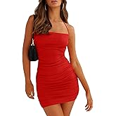 HOCILLE Women's Sexy Halter Bodycon Backless Ruched Spaghetti Strap Mini Club Party Dresses