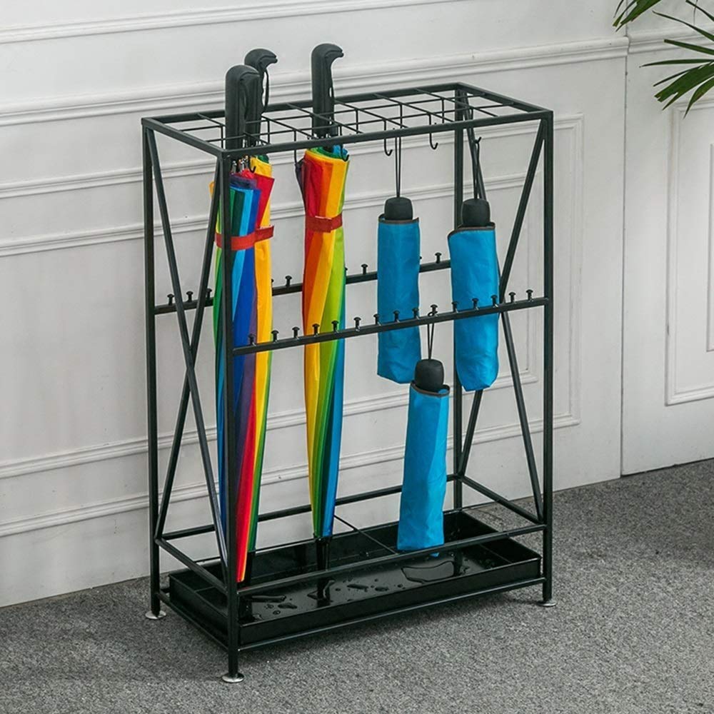 Portaombrelli Autoportante In Metallo Nero - Con Vassoio Scolapiatti, Gancio Per Ombrelli Pieghevoli, Design Moderno, 30x15x60 Cm
