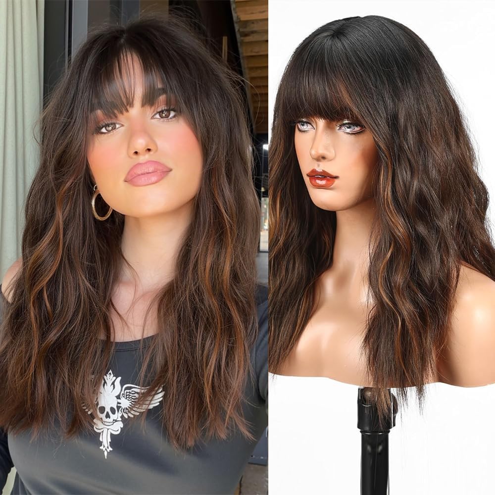WOKESTAR Long Wig with Fringe Synthetic Wavy Wigs for Women Brown with Highlights Color — image 1