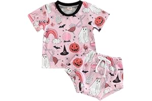 TheFound Halloween Toddler Baby Girls Outfits Pumpkin Ghost Bat Print Infant Babe Tshirts Tops Elastic Waist Newborn Shorts