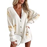 Saodimallsu Womens Oversized Cardigan Sweaters Bow Printed Button V Neck Long Sleeve Loose Knit Fall Trendy Coats