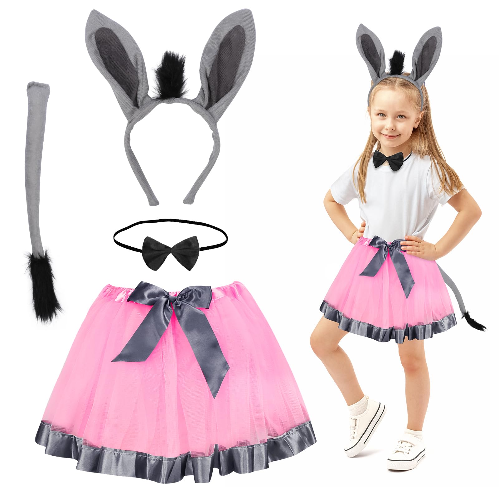 HONMOK 4 PCS Kids Donkey Halloween Costume, Donkey Outfit Include Donkey Ears Headband Pink Tutu Dress Tail Bowtie, Animal Cosplay Accessory for 3-10y Girl Halloween Nativity Pretend Play Party — image 1