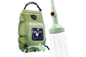 Solar Shower Bag, RISEPRO 5 gallons/20L Solar Heating Premium Camping Shower Bag Hot Water with Temperature 45°C Removable Hose on/Off Switchable Shower Head Hiking Climbing Summer Shower K8