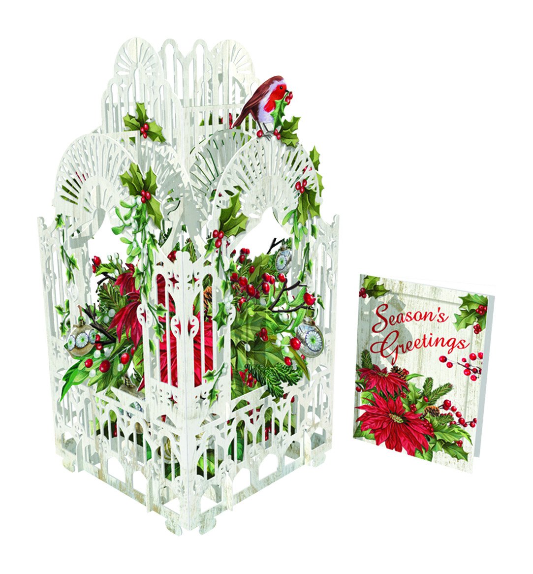 Paper D'Art X3D004 3D Pop Up Poinsettia & Robin in Cage Christmas Greeting Card, Paper