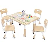 Kinder King Kids Table &amp; 4 Chairs Set, Adjustable Heights, Khaki | Graffiti Tabletop, Children Activity Table, Studying, Drawing, Toddler Furniture Set for Playroom, Daycare, Home, Age 3+