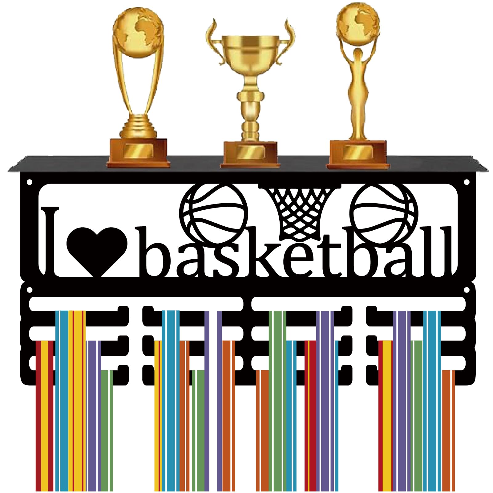 CREATCABIN Basketball Medal Holder Trophy Shelf Medal Hanger Display with Shelf Stand Ribbon Organizer Sports 3 Rows Wall Mount Hold 60+ Medals for Players Football Running Swimming Awards Rack