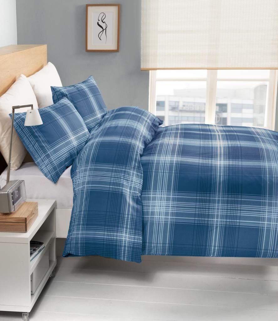 William Check Chequered Blue Beige Single Bed Size Duvet Cover Quilt