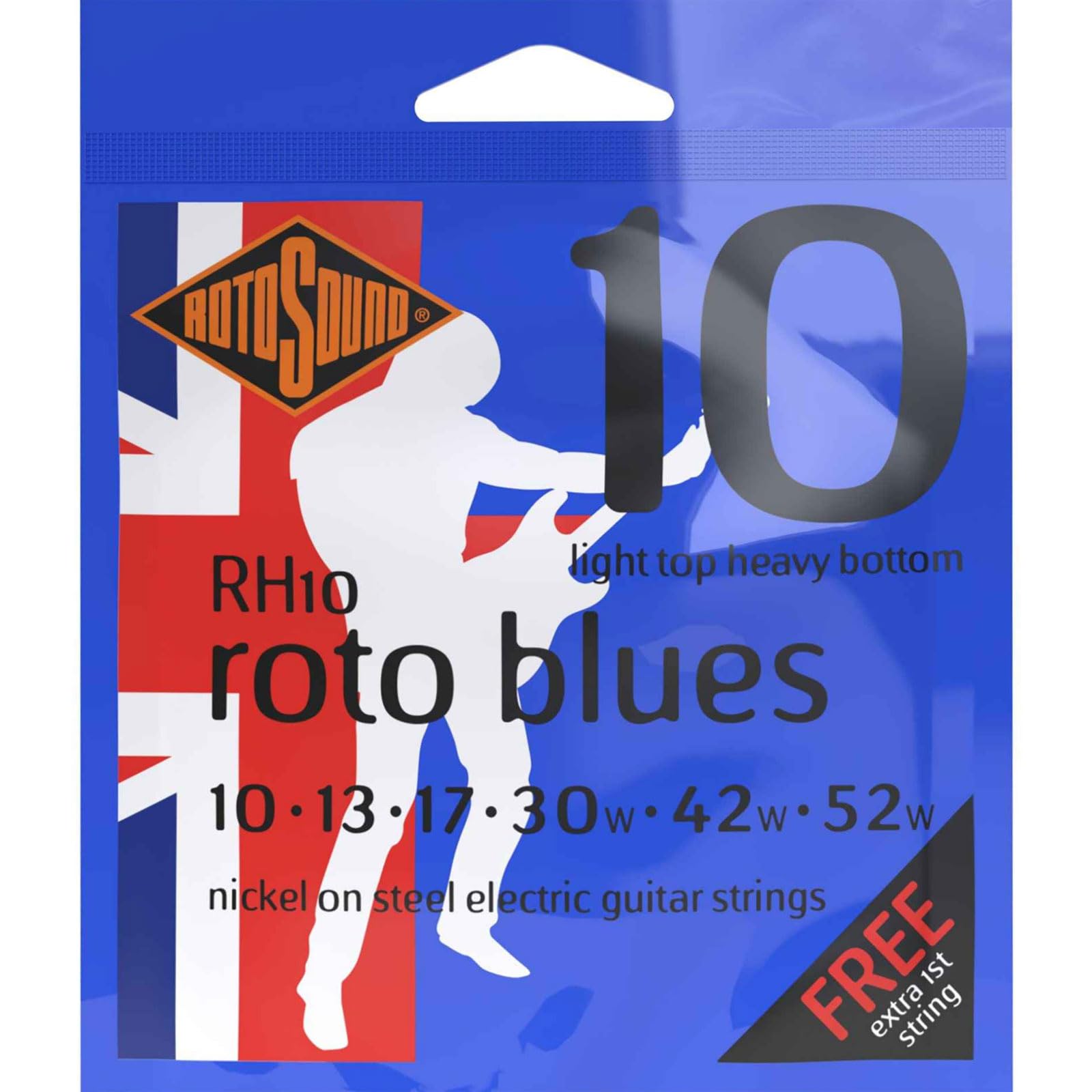 Rotosound RH10 Nickel Light Top/Heavy Bottom Gauge Electric Guitar Strings (10 13 17 30 42 52), White Black Red Blue