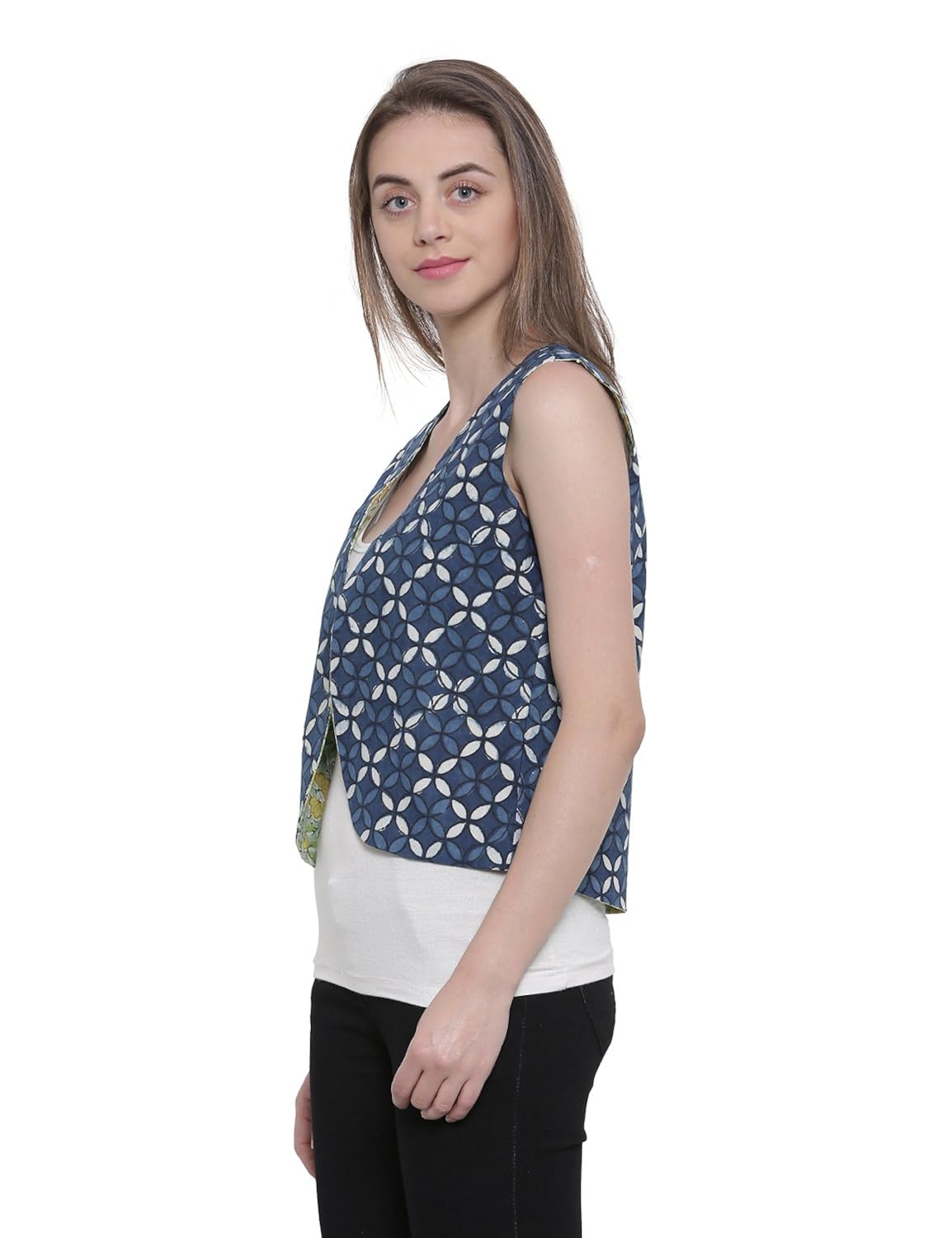 soochirang women's hand block printed reversible sleeveless pure cotton short waist coat