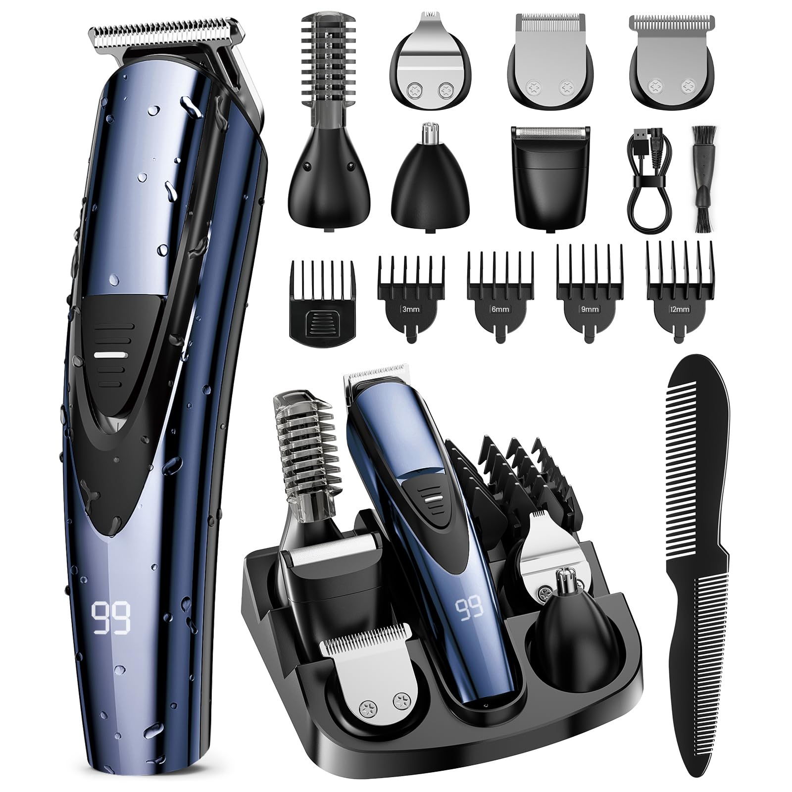 SHPAVVER Beard Trimmer for Men: Professional Barber Hair Clippers - 12-in-1 Cordless Grooming Kit - Waterproof Electric Razor with Turbo Speed & Precision Blades, Blue Image