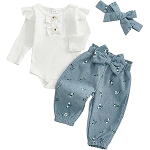 Newborn Baby Girl 3 Piece Outfit Set Ruffle Long Sleeve Ribbed Bodysuit Floral Bow Jogger Pants Fall Infant Clothes