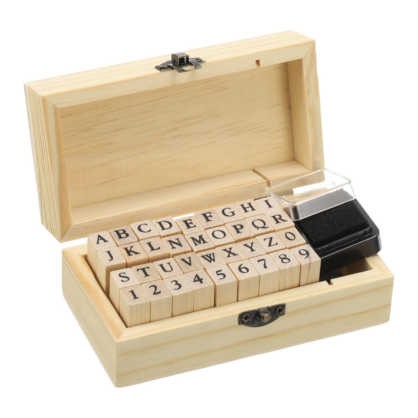 PATIKIL Rubber Stamps Letter Number, 36Pcs 1 Set Wood Alphabet Stamp Wooden Rubber Stamp with Ink Pad Vintage Box Gift for DIY Craft Card Making