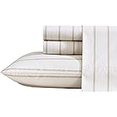 Nautica - Queen Sheets, Premium Cotton Percale Bedding Set, Striped Home Decor, Oeko-Tex Certified (Merrick Stripe Beige, Queen)