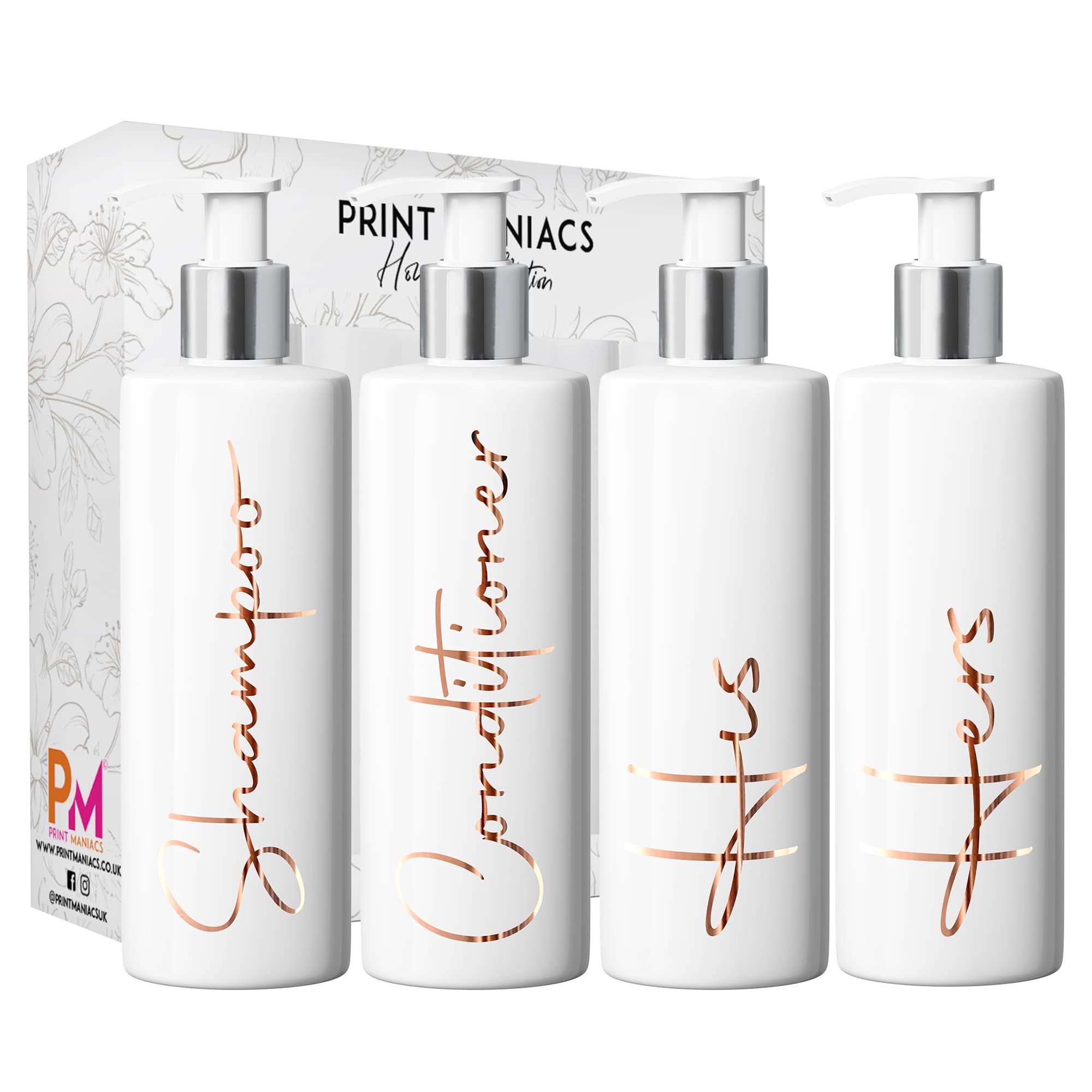 Print Maniacs White Mrs Hinch Inspired Personalised 500ml Pump Bottles Bathroom Lotion Kitchen Set Shampoo Conditioner (Set 4 His Her, F2 ) (Copper)