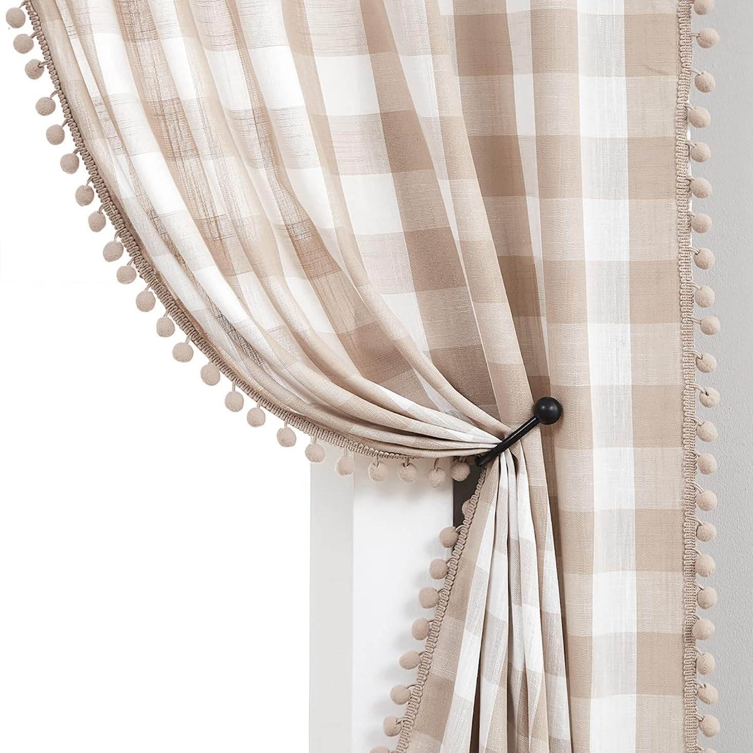 Pom-Pom Buffalo Check Curtains for Kids Bedroom 72 Inches Drop Vintage Taupe White Gingham Plaid Linen Texture Semi Sheer Curtains Pencil Pleat Privacy Protect Drapes for Living Room,40" w 2 Panels