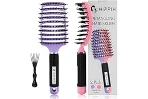 Boar Bristle Hair Brush Set of 2, HIPPIH Wet & Dry Hair Brushes Made by Fine Natural Boar Hair Can Adds Shine and Smoothing, Detangling Long Curly Thick Hair for Women, Men & Kids'