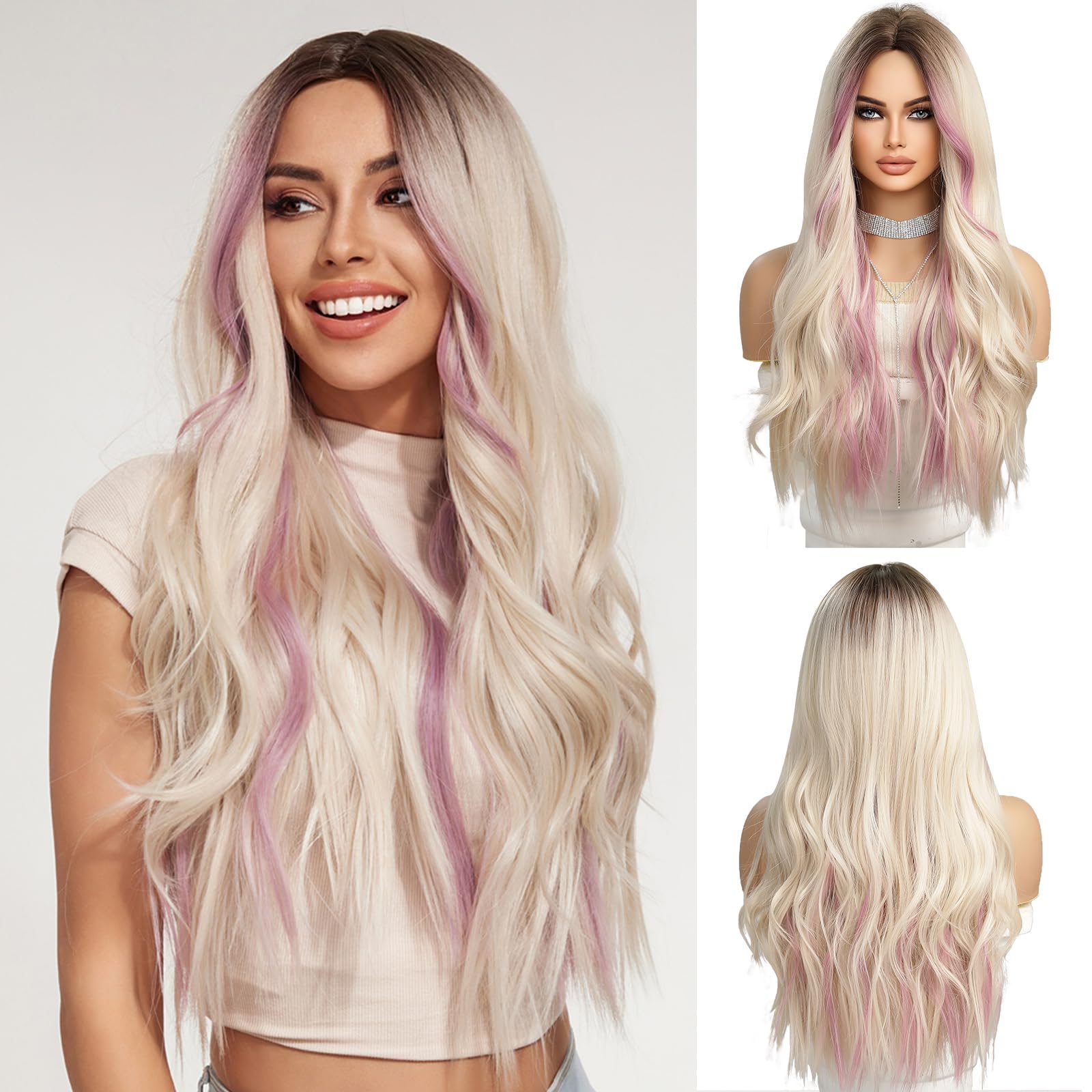 OUFEI Ombre Blonde Wigs with Pink Purple Highlight for Women Long Curly Wig Synthetic Hair Heat Resistant Wigs for Daily Party Cosplay Wear — image 1