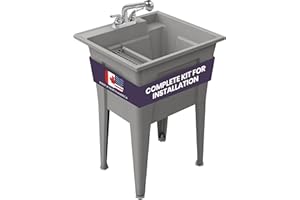 Utility Sink with Two-Handle Chrome Plastic Faucet – Polypropylene Laundry Sink, Grey Garage Sink, Indoor and Outdoor Use – Complete Sink Set by Noah William Home (24” X 22” X 34” 19.5 Gallons)