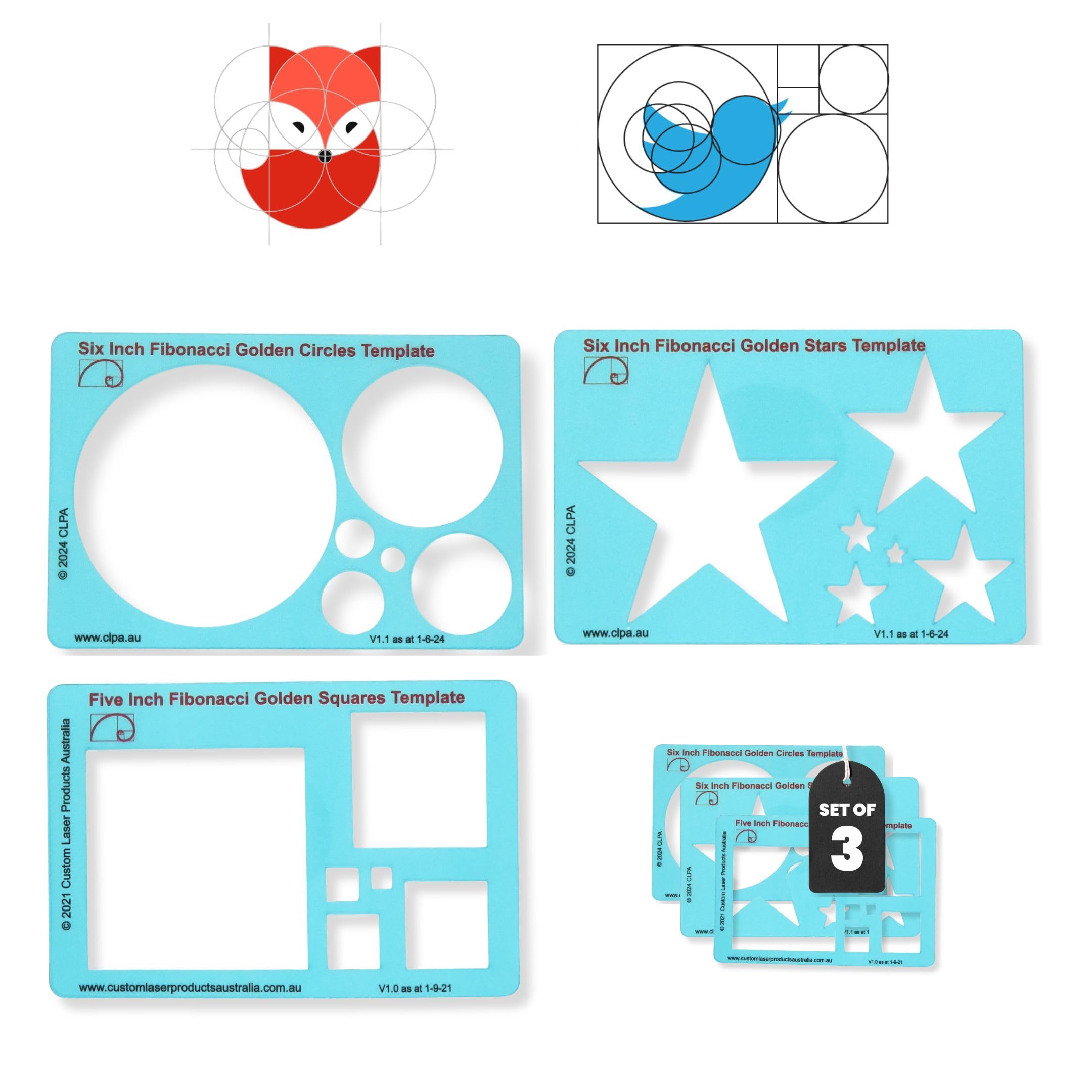 CLPA Fibonacci 3-Piece Template Set — 6" Circle, Star and Square | Golden Ratio Drawing Tools | Fibonacci Art, Quilting and Drafting Stencils | Clear PETG | Made in Australia — image 1