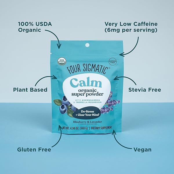 FOUR SIGMATIC CALM SUPER POWDER | ORGANIC SUPERFOOD POWDER WITH MAGNESIUM CITRATE, ORGANIC CHAMOMILE EXTRACT, AND TREMELLA MUSHROOM EXTRACT | BLUEBERRY DRINK MIX (4.94 OZ.)
