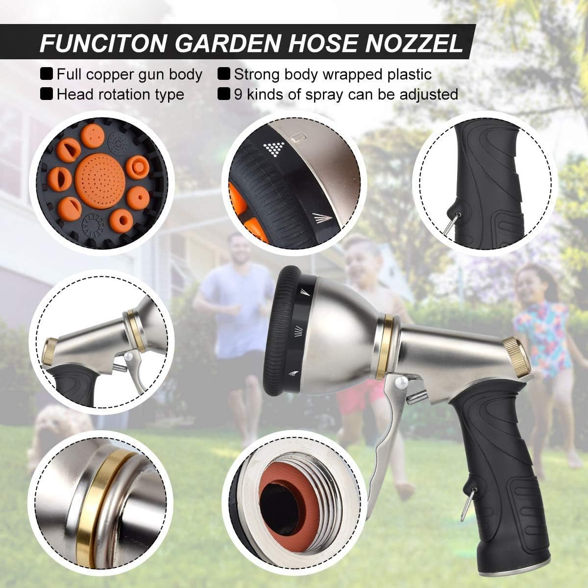 Garden Hose Nozzles 9 Adjustable Patterns Hose Spray Nozzle Heavy Duty Metal Hose Nozzle Spray Gun Slip Resistant Water Sprayer for Cleaning/Watering Lawn Garden/Pets Shower /Car Washing : Garden & Outdoor