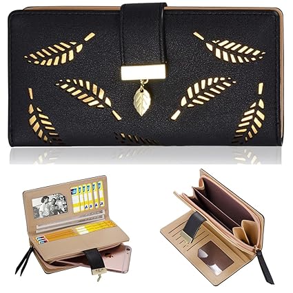 Vandot Damen Lang Geldbörse Geldtasche Leder Geldbeutel Blätter Portemonnaie Mädchen Handtasche Große Kapazität Handytasche W