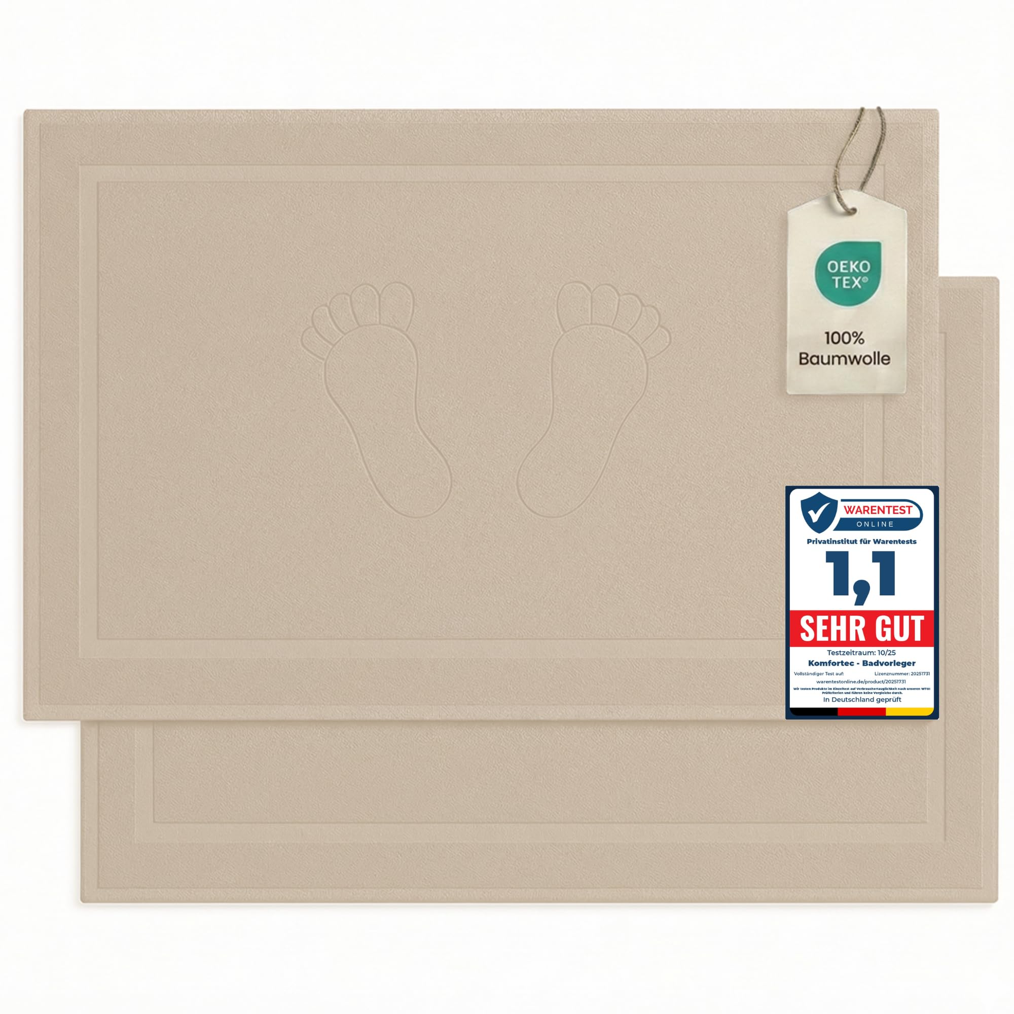 Komfortec Bath Mat 2 pcs,%100 Coton & 800 g/m², Washable, Absorbent, Quick Drying, 50 x 80 cm, Beige — image 1