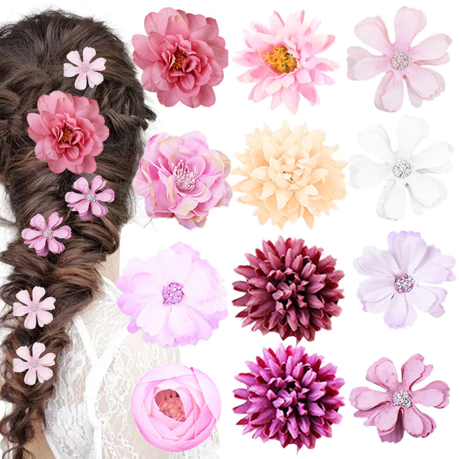 12PCS Rose Flower Hair Clip - Bride Hairpin Hawaiian Beach Wedding Party Bridal Hair Accessories for Women Girls