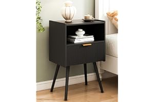 JOONEE Black Nightstand,Modern Bedside Table with Storage Drawer and Open Wood Shelf, for Living Room, Bedroom and Small Spaces, Accent Night Stand with Solid Wood Legs, Easy Assembly,Classic Black