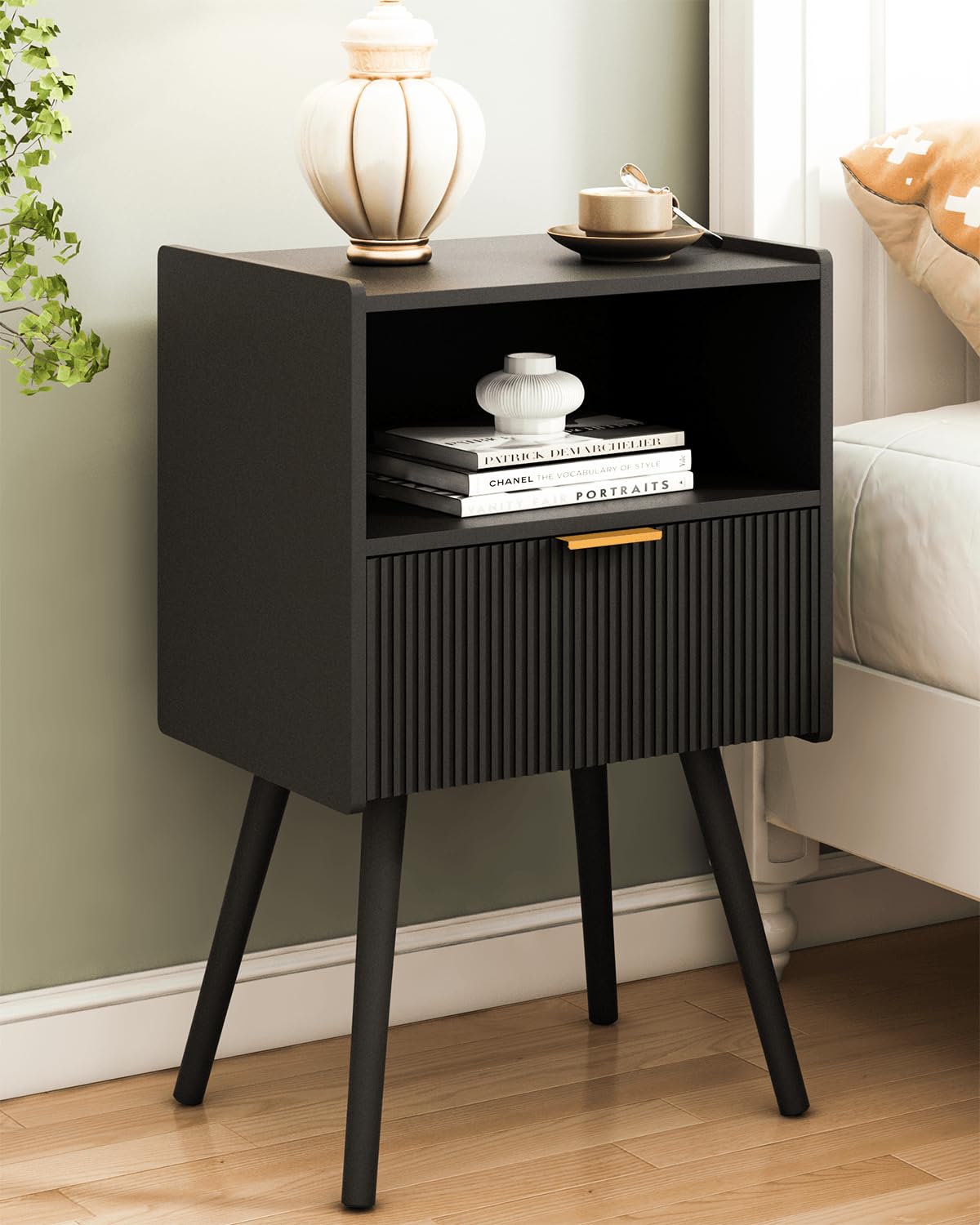 Photo 1 of ******MISSING PARTS*****
JOONEE Black Nightstand,Modern Bedside Table with Storage Drawer and Open Wood Shelf, for Living Room, Bedroom and Small Spaces, Accent Night Stand with Solid Wood Legs, Easy Assembly,Classic Black