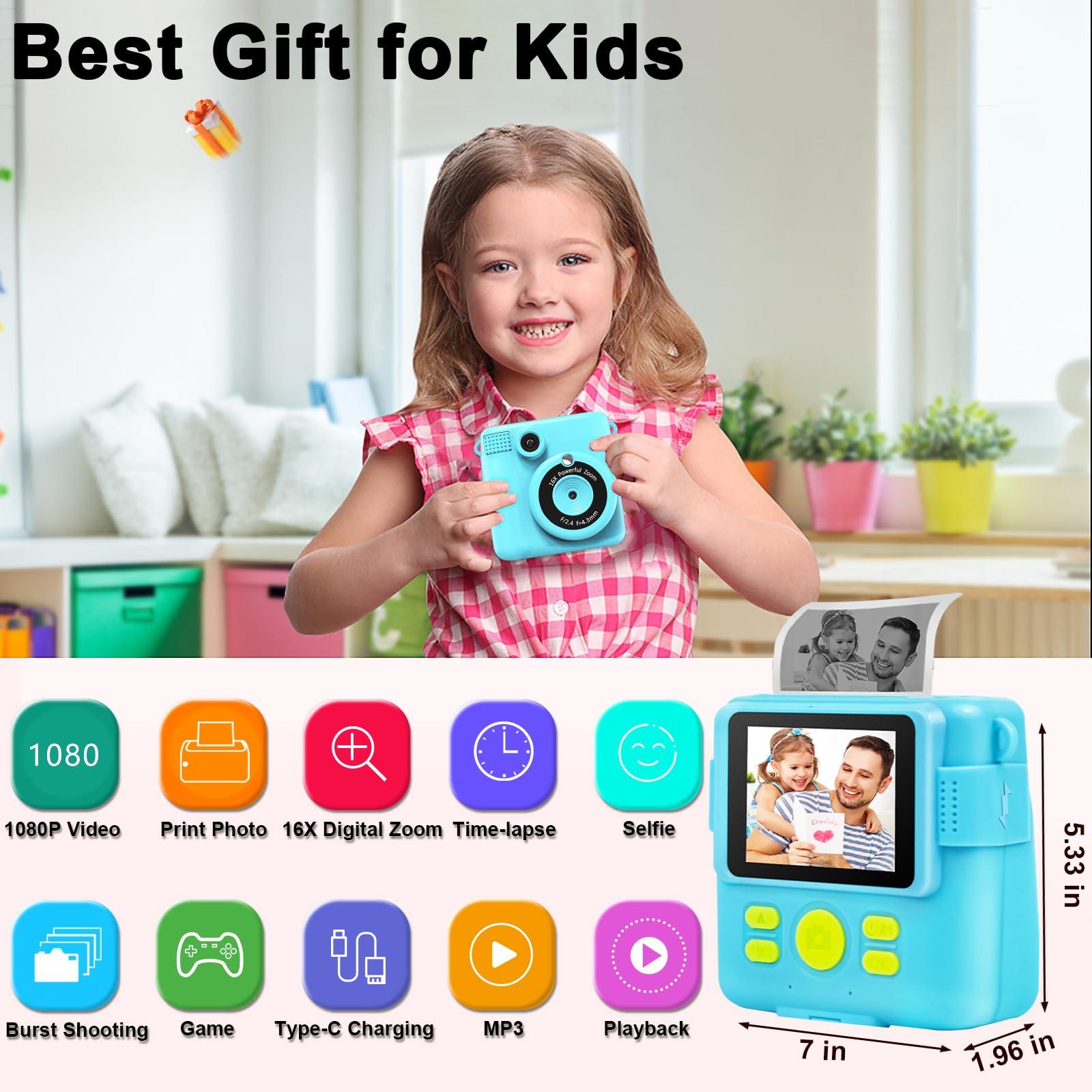 GKTZ Instant Print Camera for Kids - 1080P HD Instant Print Photo - Christmas Birthday Gifts for Age 4 5 6 7 8 9 10 Girls Boys - Portable Toy with 3 Rolls Photo Paper, 5 Color Pens, 32GB Card - Blue