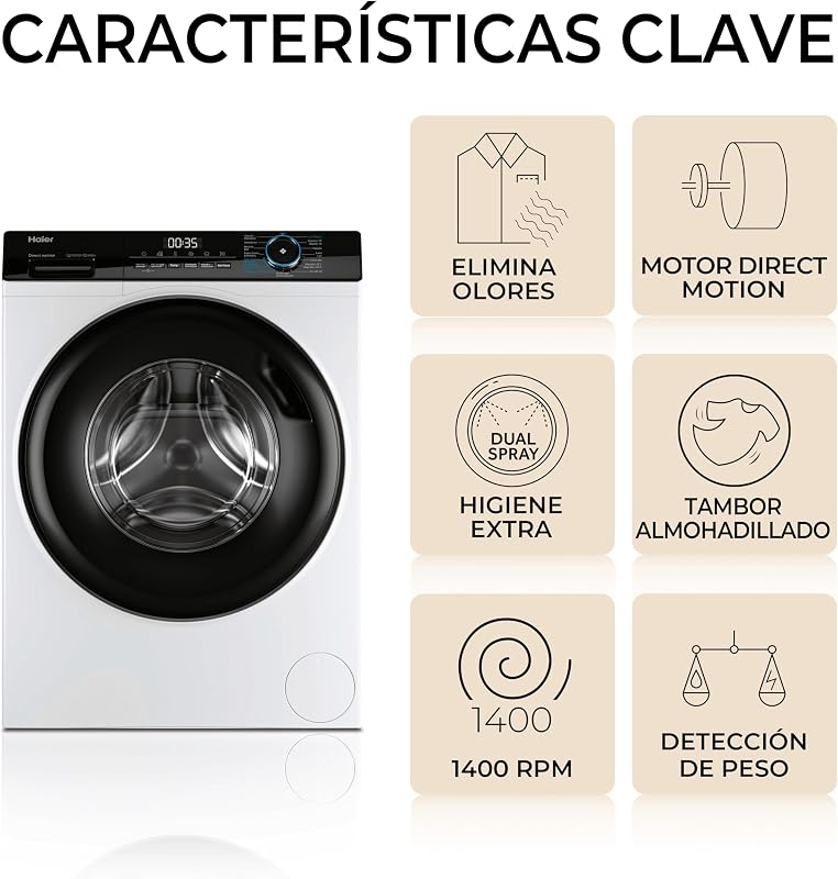 I-Pro Series 3 HW80-B14939-IB- Lavadora Carga Frontal 8KG, Función Vapor, Motor Direct Motion, Tratamiento Antibacterias, 1400 RPM, Fin Diferido, Detector automático de KG, 15 programas, Blanco