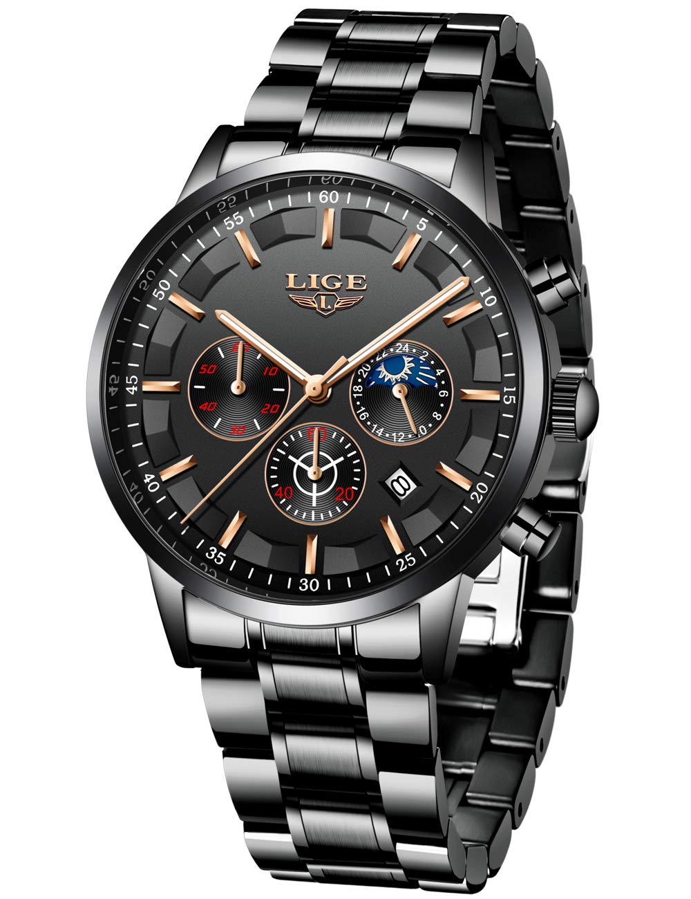 LIGE Mens Watches Waterproof Stainless Steel Sport Analogue Quartz Watch Men Business Casual Chronograph Date Moon Phase Military Black Wrist Watch — image 1