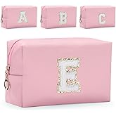 Etercycle Small Personalized Initial Letter Makeup Bag for Women, Cute Waterproof PU Leather Cosmetic Bag Travel Makeup Bag, Makeup Pouch Toiletry Pouch Organizer with Zipper (E, Pink)